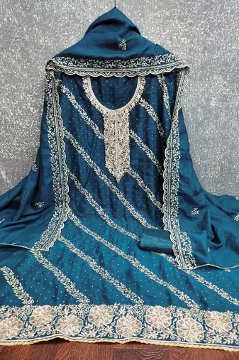 blue cotton blend embroidered unstitched dressmaterials 3 pair top bottom dupptaa