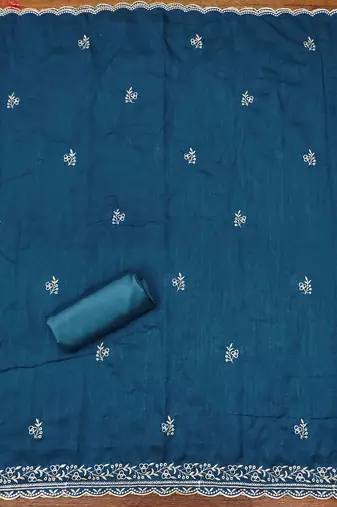 blue cotton blend embroidered unstitched dressmaterials 3 pair top bottom dupptaa