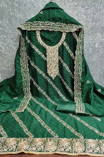 green cotton blend embroidered unstitched dressmaterials 3 pair top bottom dupptaa