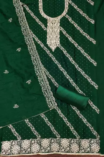 green cotton blend embroidered unstitched dressmaterials 3 pair top bottom dupptaa