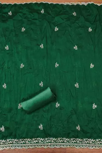 green cotton blend embroidered unstitched dressmaterials 3 pair top bottom dupptaa