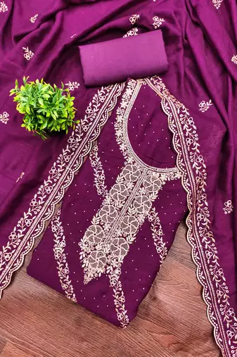 purple cotton blend embroidered unstitched dressmaterials 3 pair top bottom dupptaa