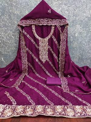 Purple cotton embroidered unstitched dressmaterials 3 pair top bottom dupptaa 2