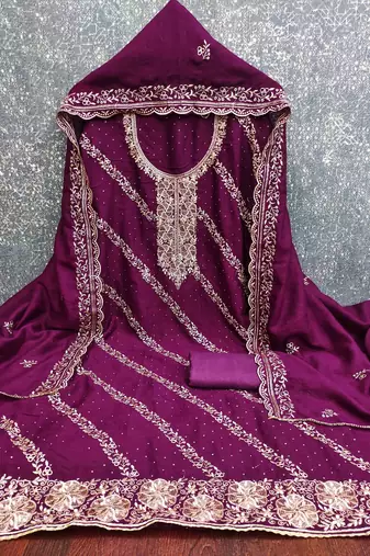purple cotton blend embroidered unstitched dressmaterials 3 pair top bottom dupptaa