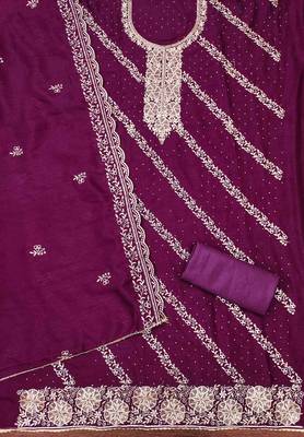 Purple cotton embroidered unstitched dressmaterials 3 pair top bottom dupptaa 3