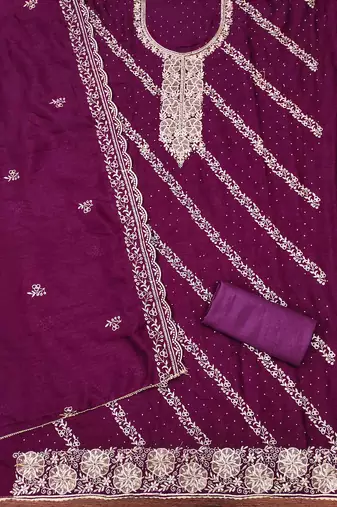 purple cotton blend embroidered unstitched dressmaterials 3 pair top bottom dupptaa