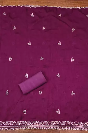 purple cotton blend embroidered unstitched dressmaterials 3 pair top bottom dupptaa