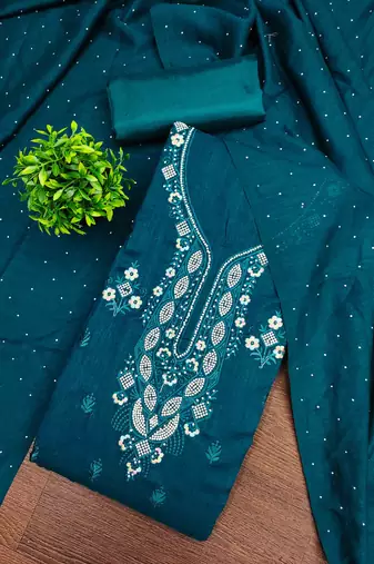 blue cotton blend embroidered unstitched dressmaterials 3 pair top bottom dupptaa