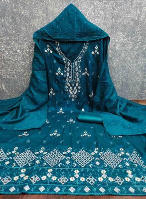 Blue cotton embroidered unstitched dressmaterials 3 pair top bottom dupptaa 2