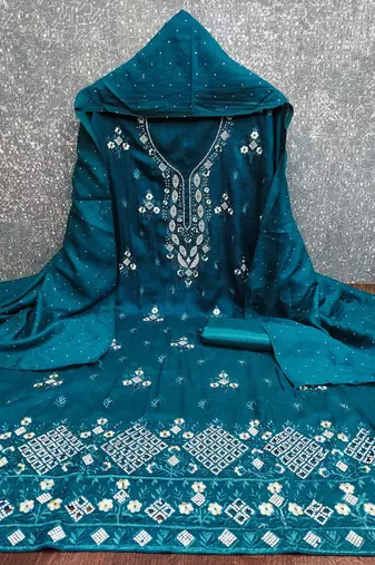 blue cotton blend embroidered unstitched dressmaterials 3 pair top bottom dupptaa