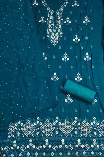 blue cotton blend embroidered unstitched dressmaterials 3 pair top bottom dupptaa