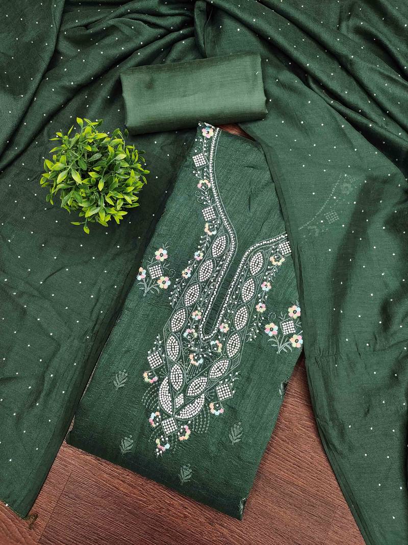 Green cotton embroidered unstitched dressmaterials 3 pair top bottom dupptaa