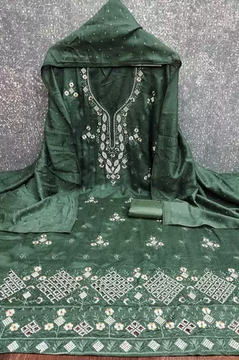 green cotton blend embroidered unstitched dressmaterials 3 pair top bottom dupptaa