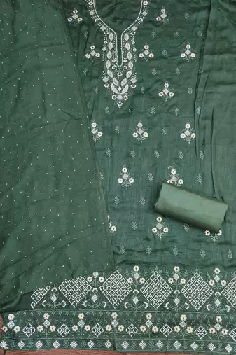 green cotton blend embroidered unstitched dressmaterials 3 pair top bottom dupptaa