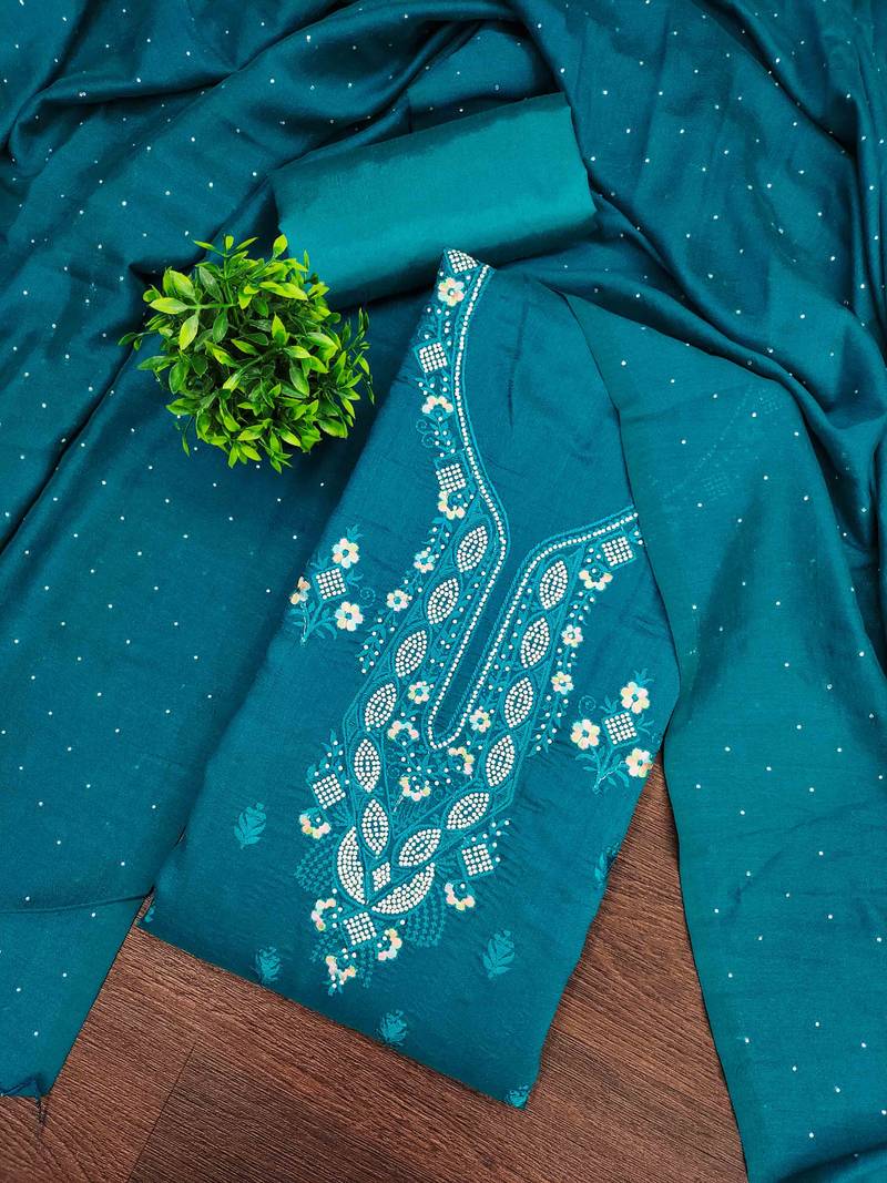Sky cotton embroidered unstitched dressmaterials 3 pair top bottom dupptaa