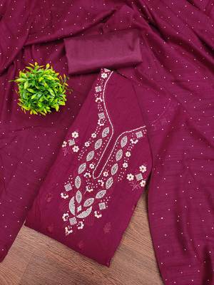 Wine cotton embroidered unstitched dressmaterials 3 pair top bottom dupptaa 1