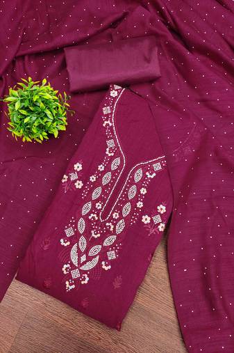wine cotton blend embroidered unstitched dressmaterials 3 pair top bottom dupptaa