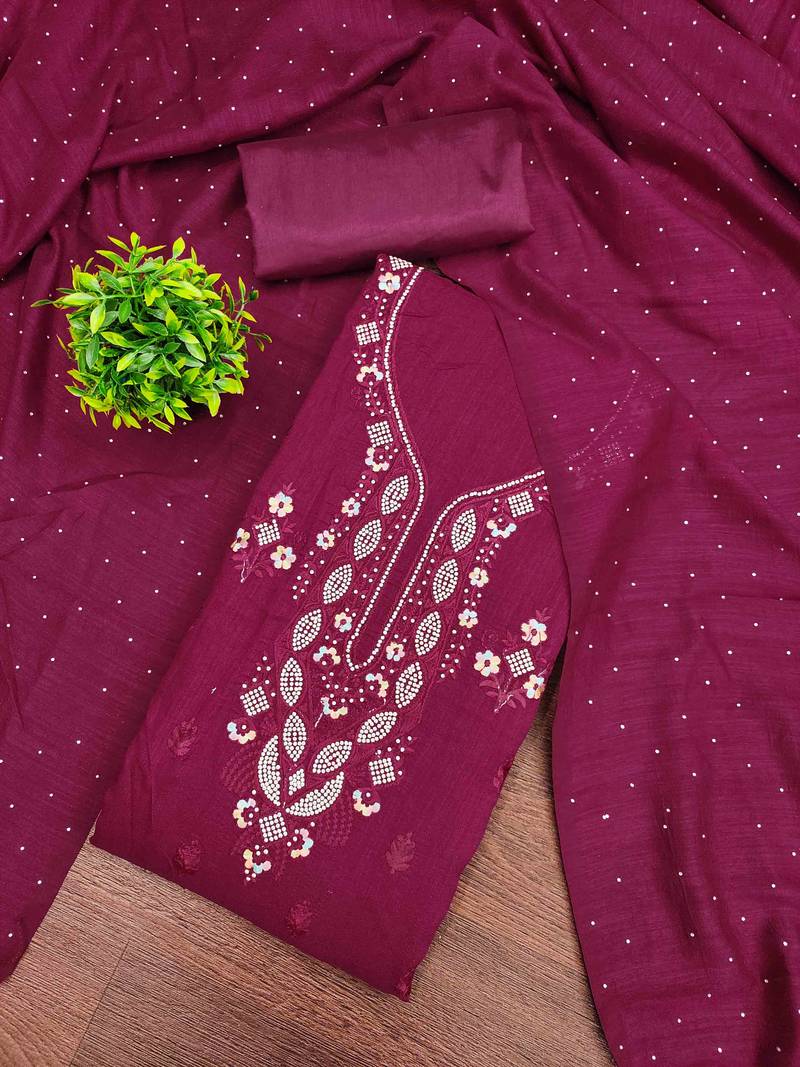 Wine cotton embroidered unstitched dressmaterials 3 pair top bottom dupptaa