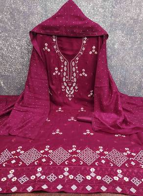 Wine cotton embroidered unstitched dressmaterials 3 pair top bottom dupptaa 2