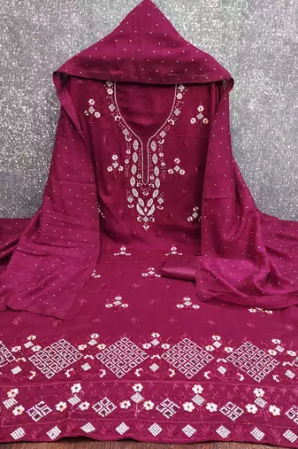 wine cotton blend embroidered unstitched dressmaterials 3 pair top bottom dupptaa
