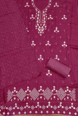 Wine cotton embroidered unstitched dressmaterials 3 pair top bottom dupptaa 4