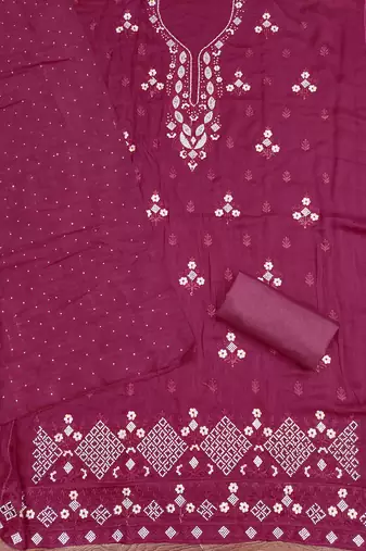 wine cotton blend embroidered unstitched dressmaterials 3 pair top bottom dupptaa
