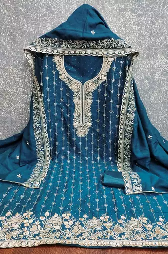 blue cotton blend embroidered unstitched dressmaterials 3 pair top bottom dupptaa