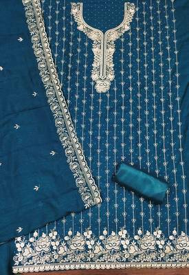 Blue cotton embroidered unstitched dressmaterials 3 pair top bottom dupptaa 4