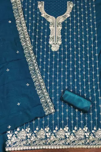 blue cotton blend embroidered unstitched dressmaterials 3 pair top bottom dupptaa