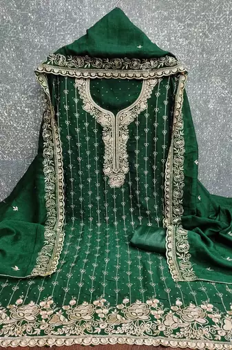 green cotton blend embroidered unstitched dressmaterials 3 pair top bottom dupptaa