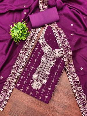Purple cotton embroidered unstitched dressmaterials 3 pair top bottom dupptaa 1