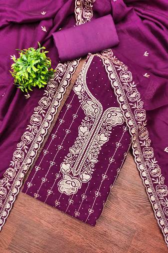 purple cotton blend embroidered unstitched dressmaterials 3 pair top bottom dupptaa