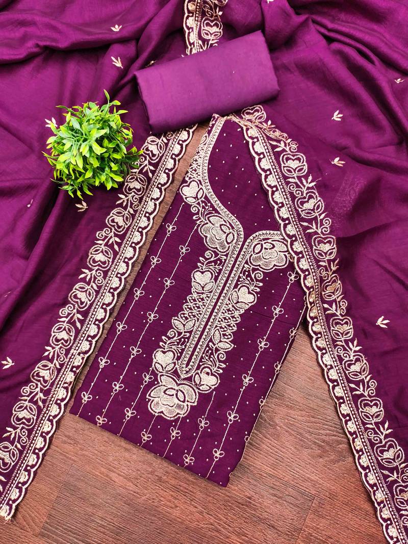 Purple cotton embroidered unstitched dressmaterials 3 pair top bottom dupptaa