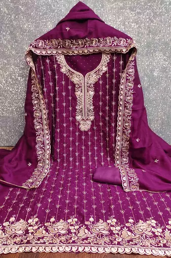 purple cotton blend embroidered unstitched dressmaterials 3 pair top bottom dupptaa