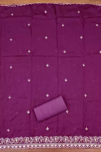 purple cotton blend embroidered unstitched dressmaterials 3 pair top bottom dupptaa