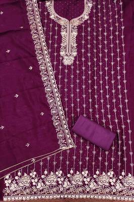 Purple cotton embroidered unstitched dressmaterials 3 pair top bottom dupptaa 4