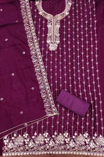 purple cotton blend embroidered unstitched dressmaterials 3 pair top bottom dupptaa