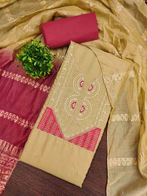 Cream cotton embroidered unstitched dressmaterials 3 pair top bottom dupptaa 1