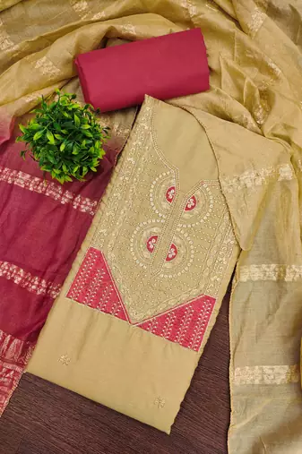 cream cotton blend embroidered unstitched dressmaterials 3 pair top bottom dupptaa