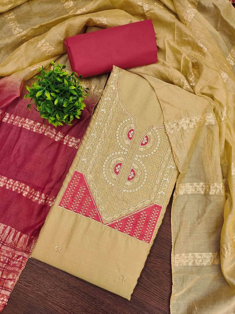 Cream cotton embroidered unstitched dressmaterials 3 pair top bottom dupptaa
