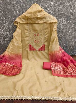 Cream cotton embroidered unstitched dressmaterials 3 pair top bottom dupptaa 2