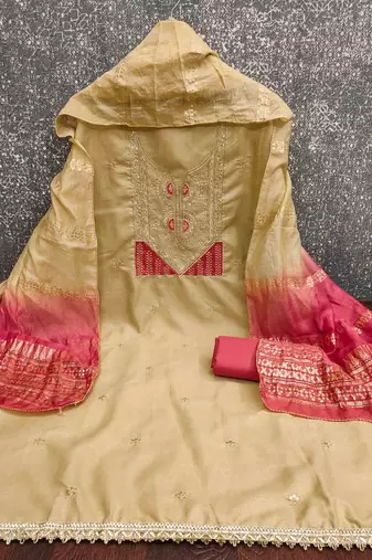 cream cotton blend embroidered unstitched dressmaterials 3 pair top bottom dupptaa