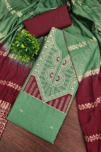 Green cotton embroidered unstitched dressmaterials 3 pair top bottom dupptaa