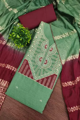 green cotton blend embroidered unstitched dressmaterials 3 pair top bottom dupptaa