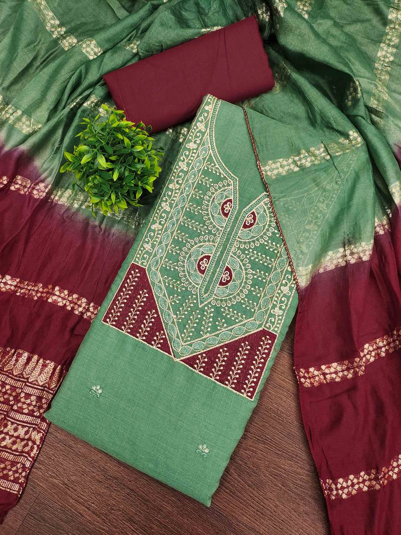 Green cotton embroidered unstitched dressmaterials 3 pair top bottom dupptaa