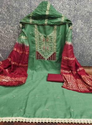 Green cotton embroidered unstitched dressmaterials 3 pair top bottom dupptaa 2