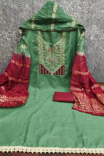 green cotton blend embroidered unstitched dressmaterials 3 pair top bottom dupptaa