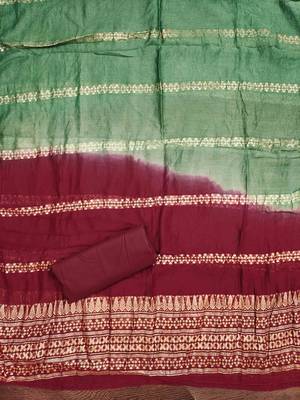 Green cotton embroidered unstitched dressmaterials 3 pair top bottom dupptaa 3