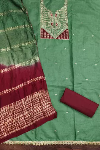 green cotton blend embroidered unstitched dressmaterials 3 pair top bottom dupptaa