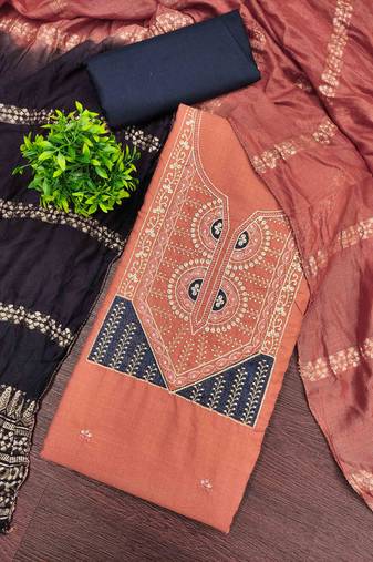 Orange cotton embroidered unstitched dressmaterials 3 pair top bottom dupptaa